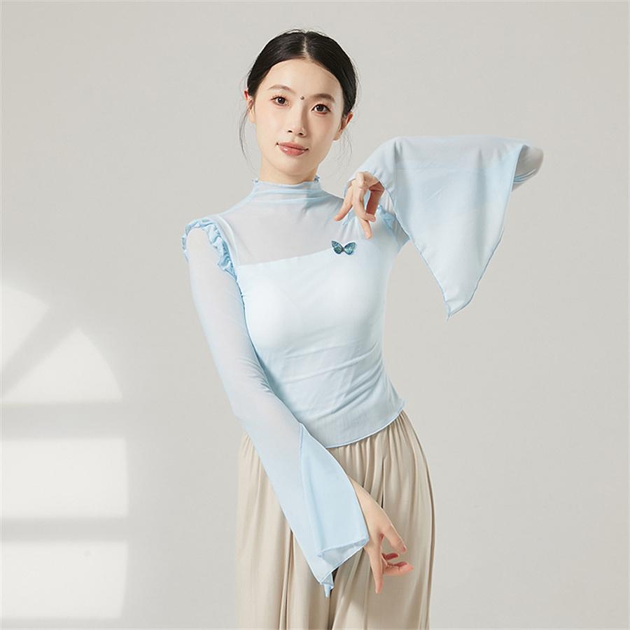 Women Chinese Folk Dance See Through Mesh Shirt Long Flare Sleeve Ballet Dance Top Girls Modern Dance Classical Dances Costume S синий