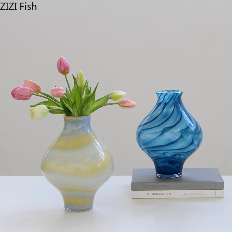 Vaso in Vetro Dipinto Onde del Mare Blu Vasi per Piante Idroponiche Decorazione da Tavolo Composizione Floreale Vasi Floreali Arredo Estetico per la Stanza