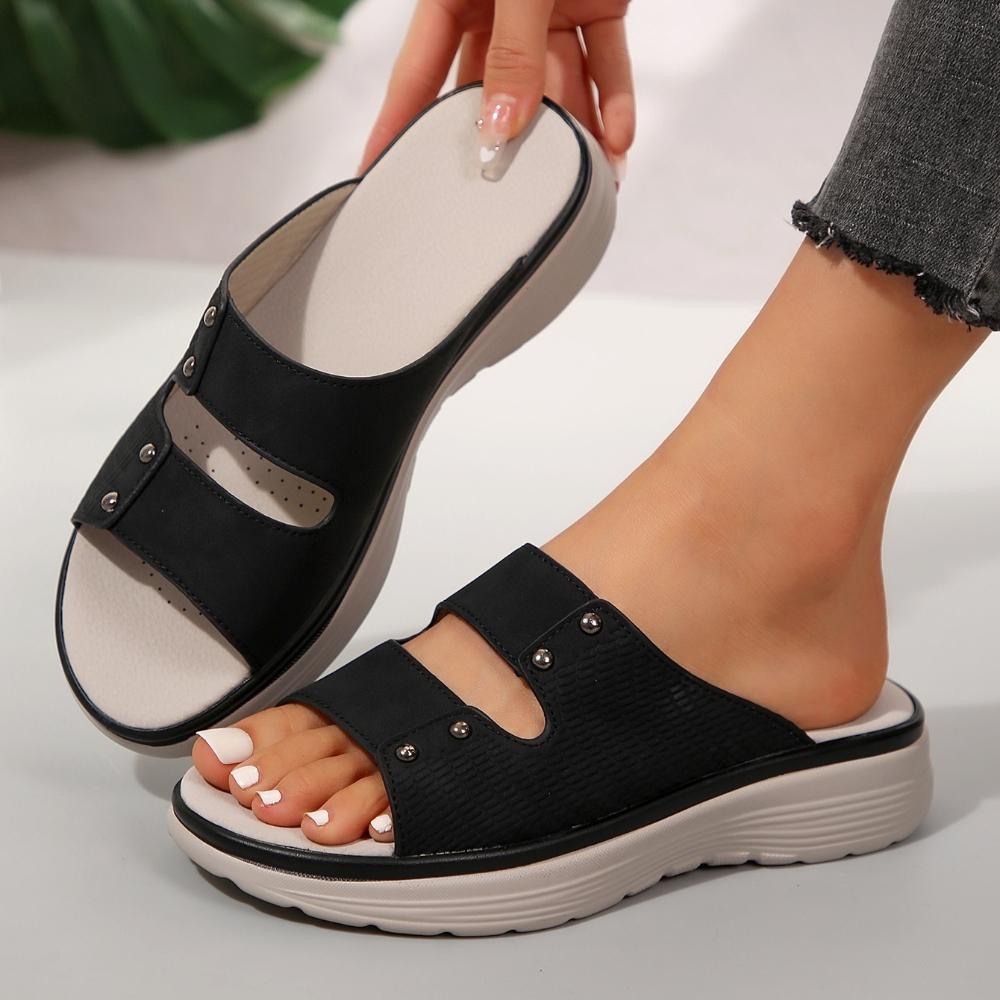 

Летние шлепанцы на толстой подошве, женские, с открытым носком, однотонные, повседневная обувь, ретро, с круглым носком, на танкетке, повседневные сандалии для женщин 36 чёрный