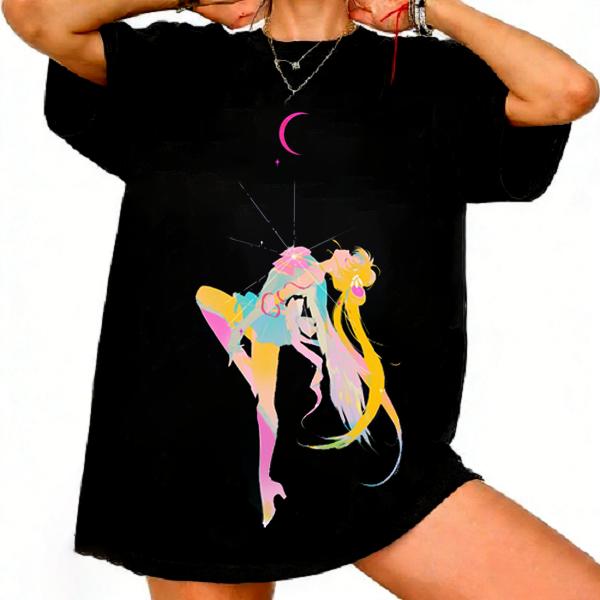 Sailor Moon Retro 90er Anime Grafik T-Shirt Sommer Baumwolle Unisex Damen Tee Streetwear Lässig Trend Kurzarm Paar Hip Hop Oberteil