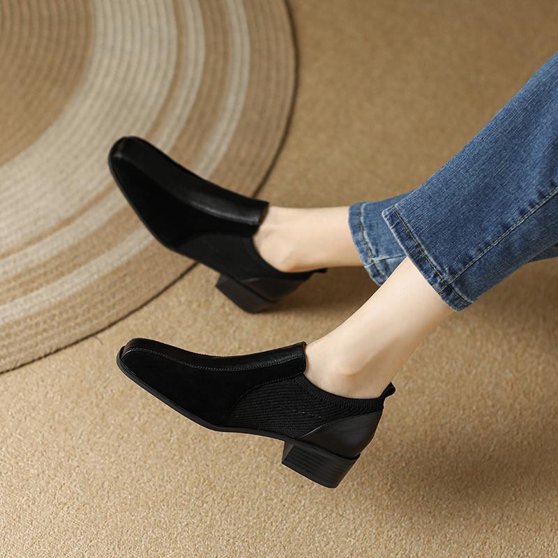 2024 Fashion Square Thick 3cm High Heels for Woman Autumn Genuine Leather Pumps Women Square Toe Footwear Office Shoes Female