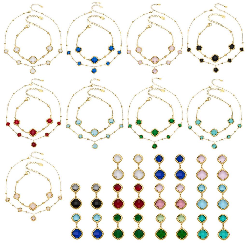 Geometric Glass Stone Earrings & Stainless Steel Bead Necklace Bracelet Set - Multi-color Patchwork Jewelry