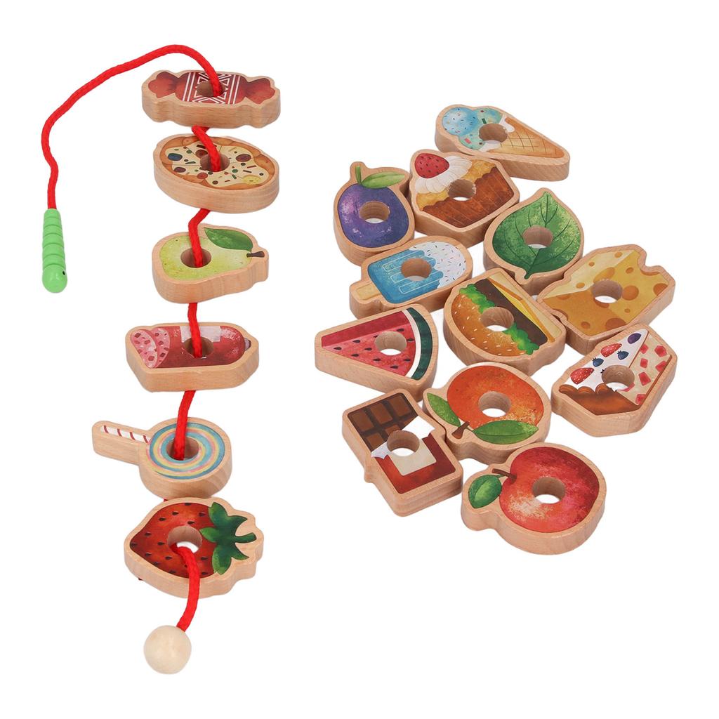 Wooden Threading Toy Fine Motor Skills Early Learning Food Fruit Shape Blocks Lacing Toy for