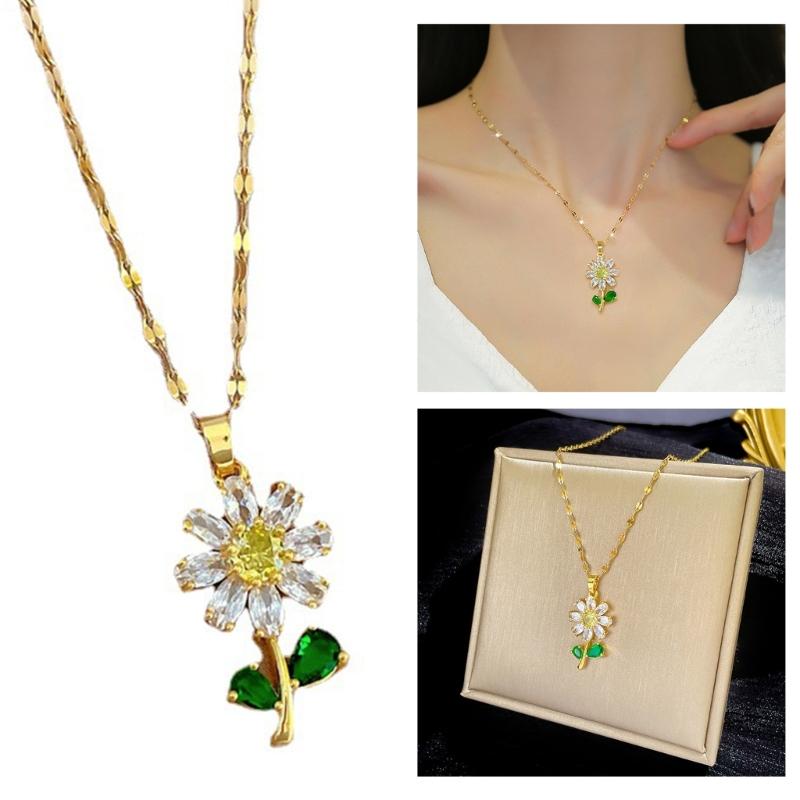 Gold Plated Sunflower Necklace for Women Jewelry Stainless Steel Zircon Big Pendant Necklace Luxury Choker Korea Style