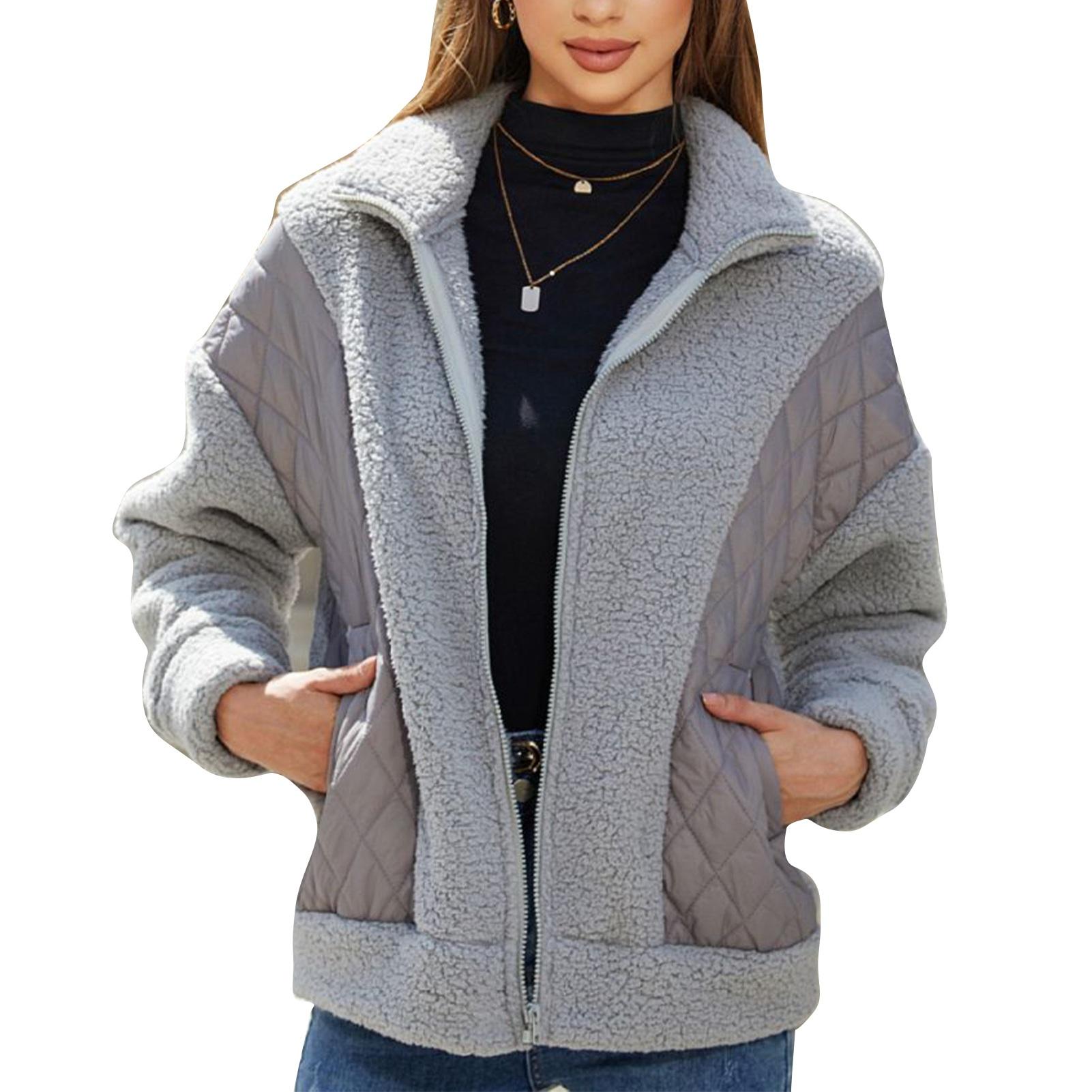 

Женская куртка с длинным рукавом и воротником-стойкой, модная повседневная свободная плюшевая сращивающаяся на молнии для женщин M серебряный серый