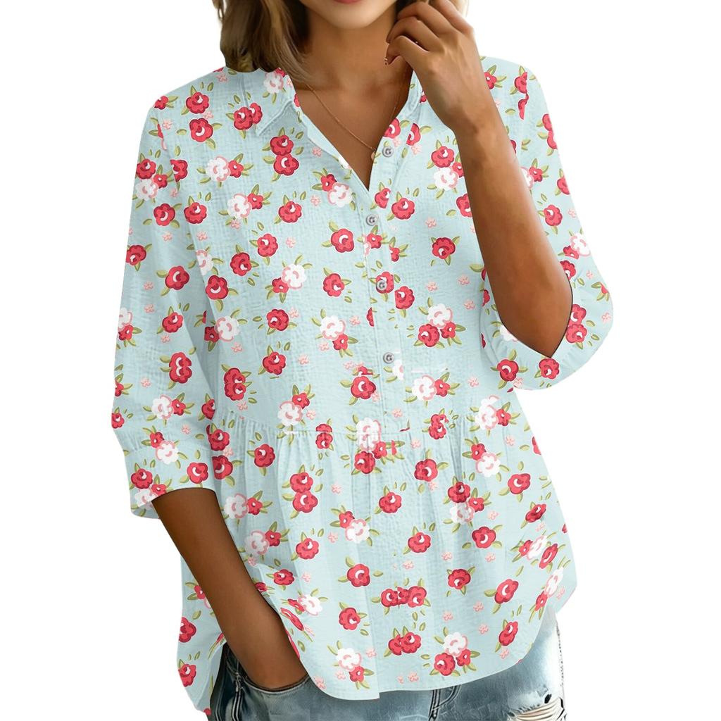 Damen Knopfleiste Hemd Vintage Blumenmuster Dreiviertelärm Lockerer Schnitt Bluse mit Kragen Lässig Leichtes Oberteil