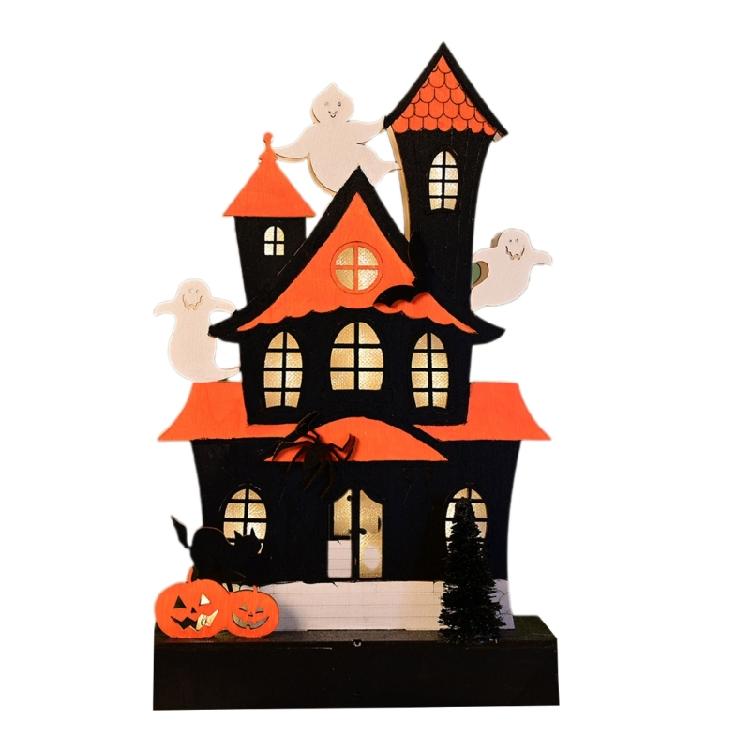 Halloween Party Wood Sign LED Lighted Ghostly Haunted Houses Decors Pumpkin Ornament with Realistic Detail Table Decors
