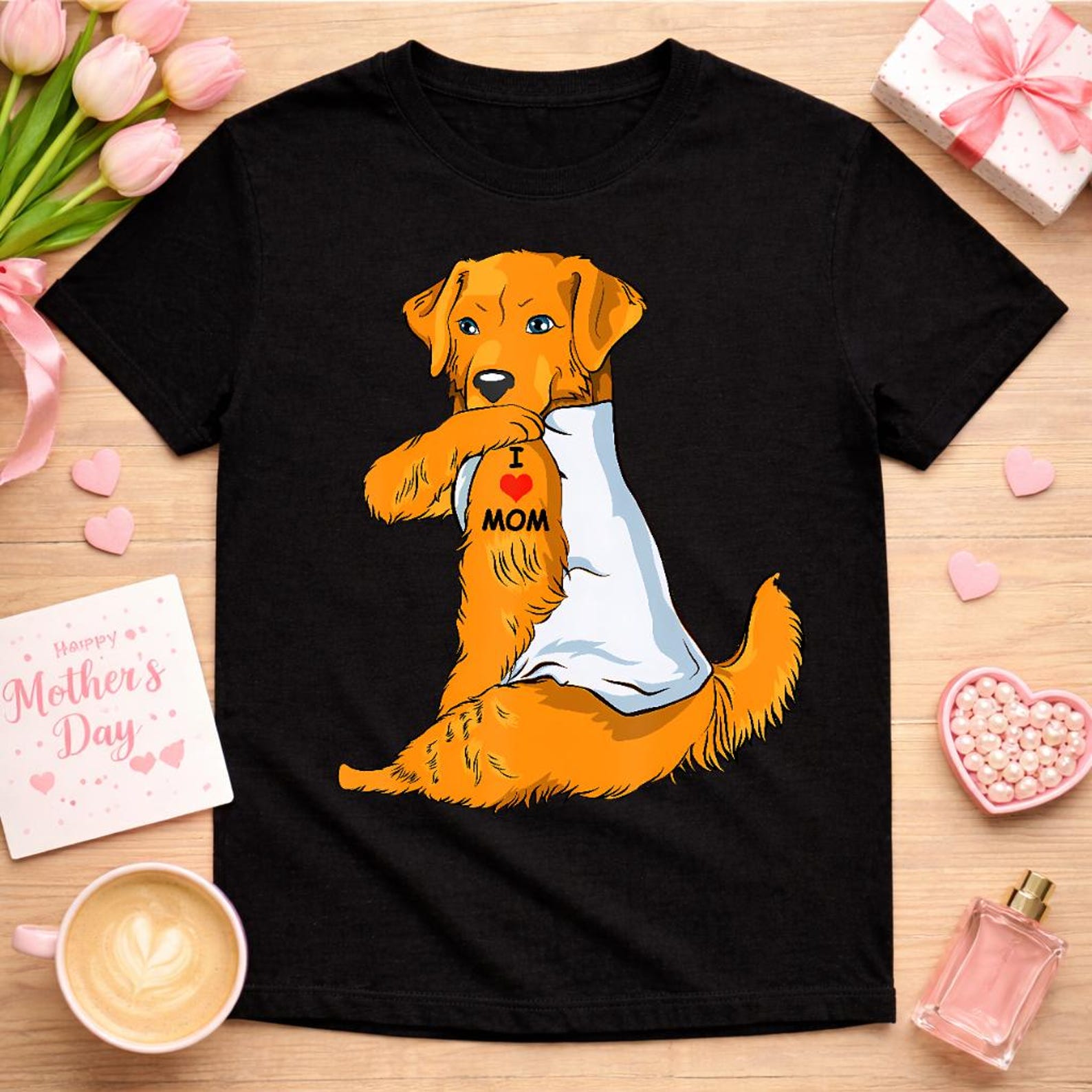 I Love Mom Golden Retriever Shirt, Tattoo Dog Mom Tee for Women, Funny Mothers Day Gift, Golden Retriever Lover XL