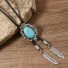 Men Women Western Cowboy Bolo Tie Vintage Turquoises Pendant Jewelry Leather Rope Necktie Tie Metal Feather Necklace
