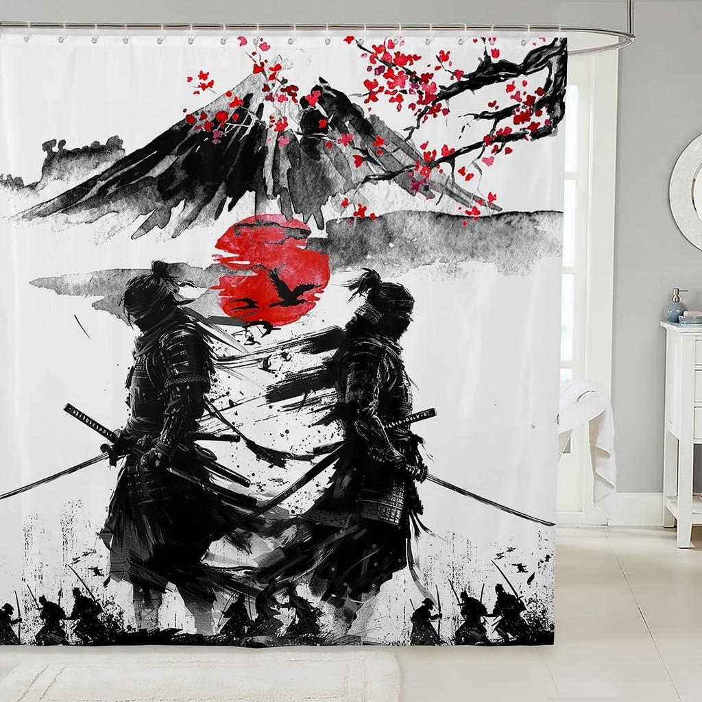Japanese Samurai Bath Curtain Boys Girls  Landscape Shower Curtain for Kids Women Men Waterproof Sunset Bathroom Shower Curtain