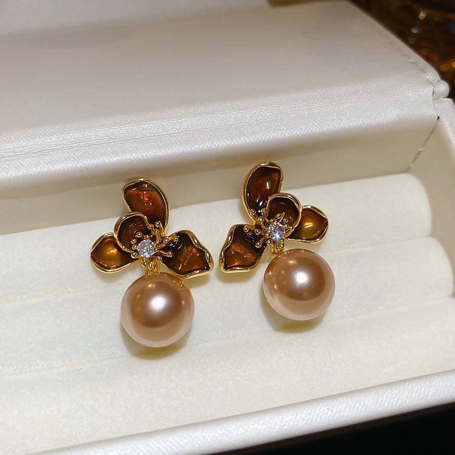 18K Silver Needle Zircon Flower Round Earrings Maillard Vintage Earrings Earrings