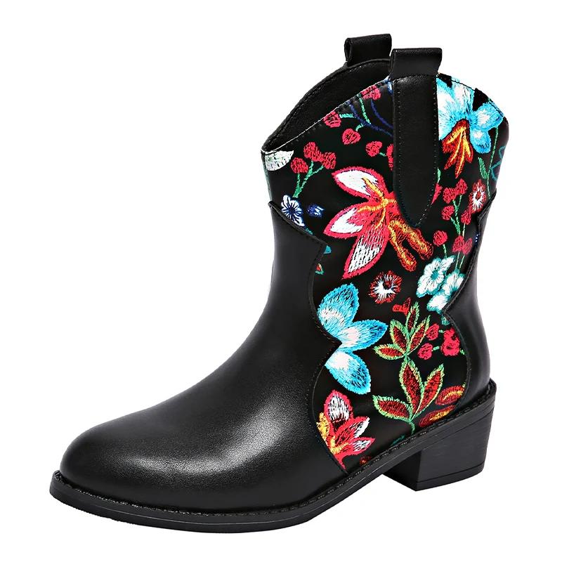 Tryck Slumpmässiga Dam Ankelstövlar Läder Spetsig Tå Designer Mellanhöga Klackar Skor Trend Vinter Chunky Pumps Goth Botas De Mujer