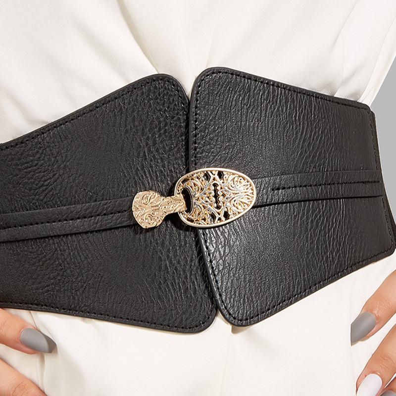 Buckle Fashion Gold Decoration Women Casual Black Faux Leather Belt Daily For