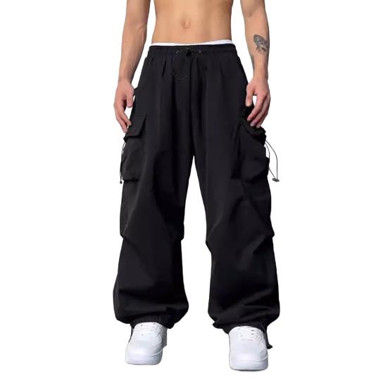 Men Casual Cargo Pants Hip Hop Baggy Trousers with Pockets Low-Rise Elastic Waist Drawstring