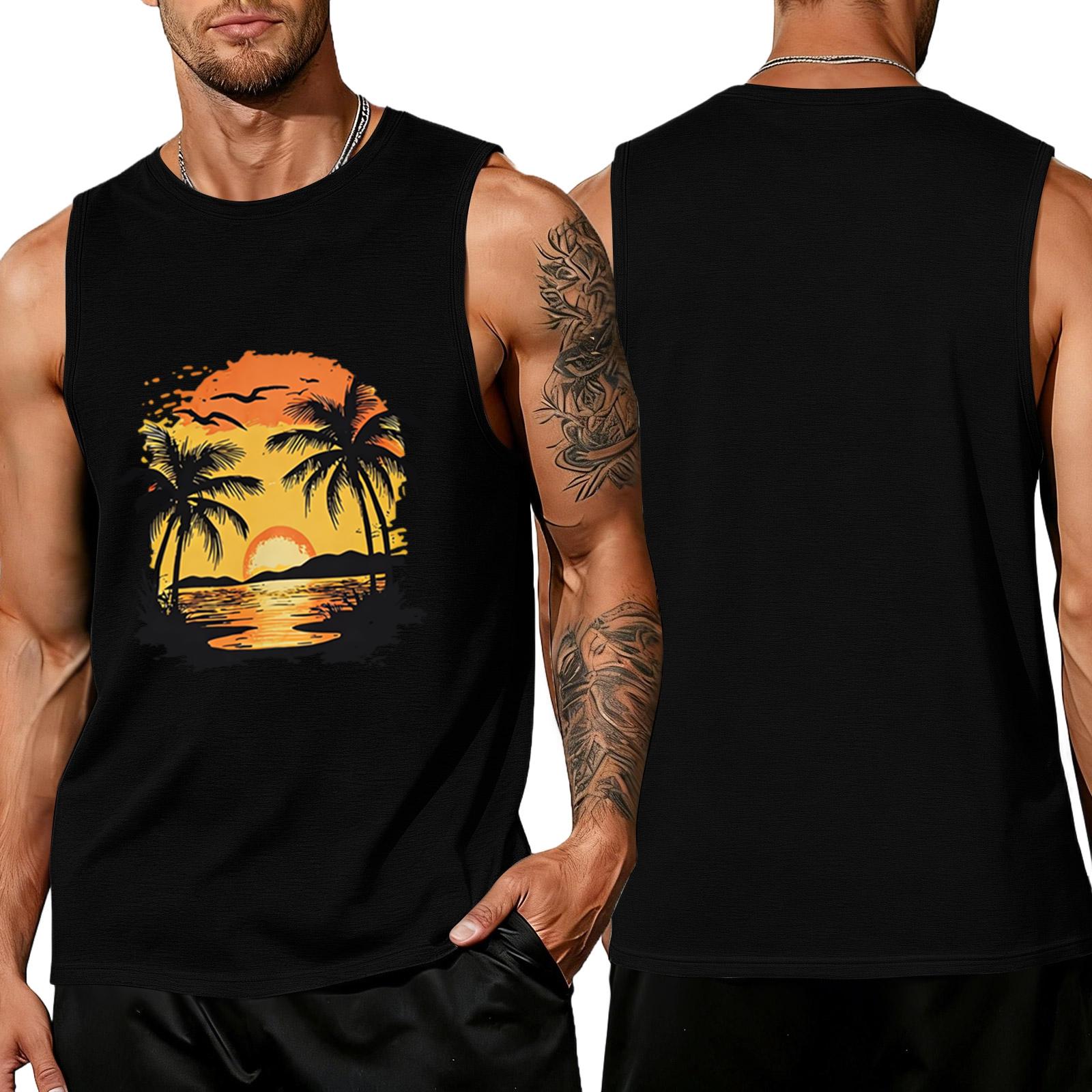 

Men s Sleeveless Muscle Tank Top Crew Neck Casual Fit Summer Beach Tree Print Lightweight Shirt L чёрный