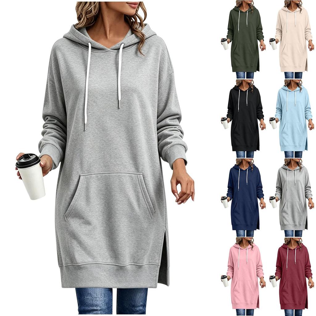 Abito Felpa Lungo da Donna Casual Pullover con Cappuccio e Tasca a Marsupio Spacco Laterale Vestibilità Comoda Ampia