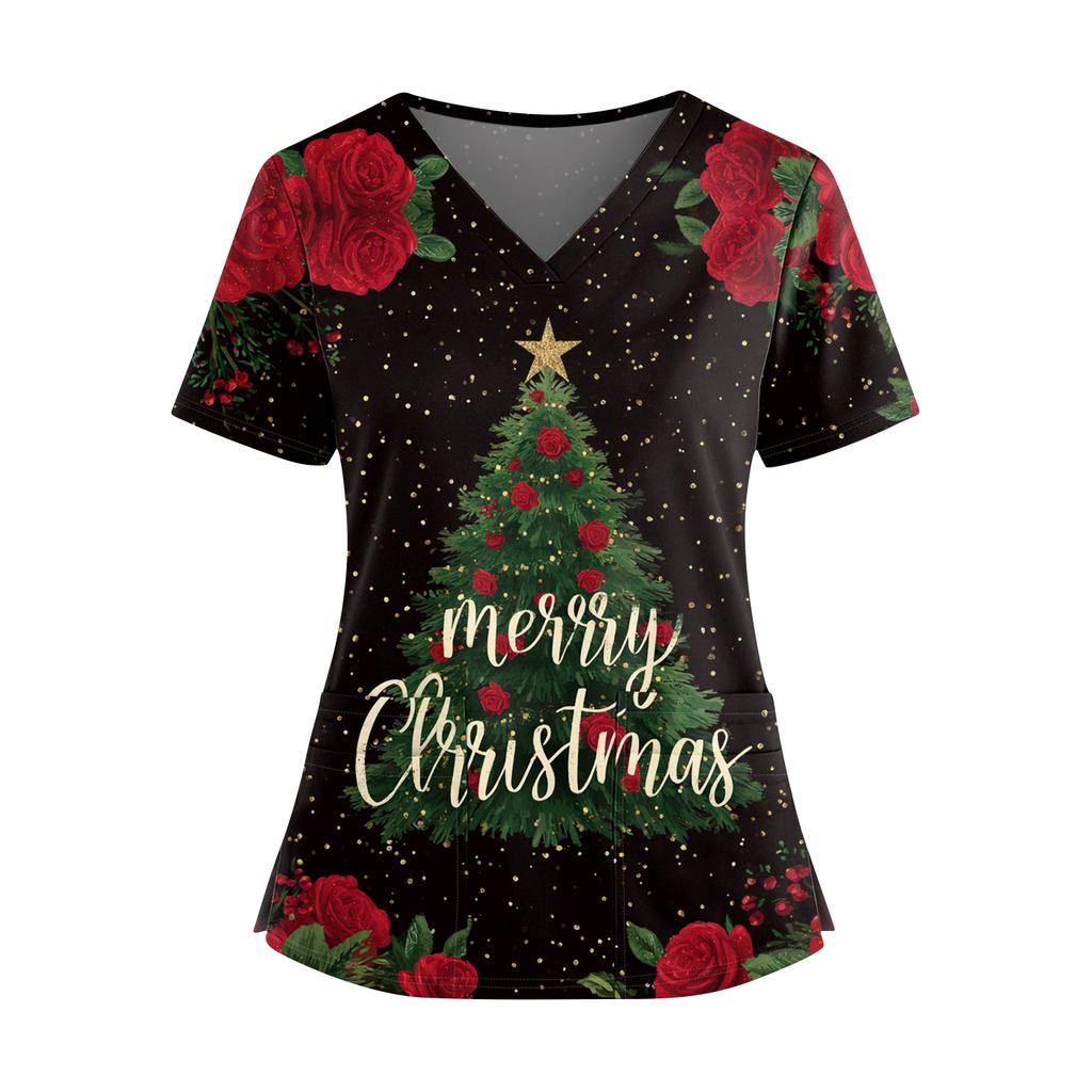 Women's Christmas Printed V-Neck Double Pocket Short Sleeves Hem Slit  Uniform Caregiver Top