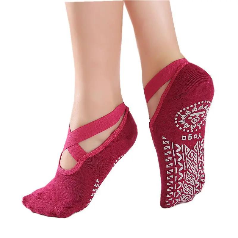 Women Toeless Yoga Socks with Grips Anti-Slip Bandage Sport Socks Ballet Dance Latin Barre Pilates Fitness Equipment Floor Socks