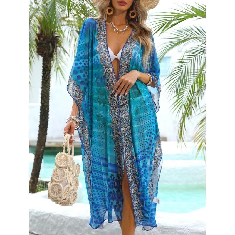 Büyük Beden Kadın Yaz Plaj Vintage Baskılı Uzun Bikini File Smock