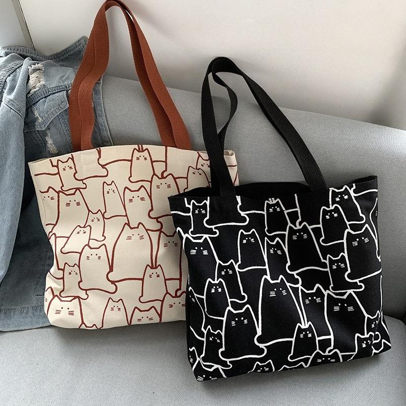 Stylish Cat Pattern Student School Bags, Large Capacity Canvas Tote Bag , Cute Literary Handbag Shoulder Bag for Women Daily Use
