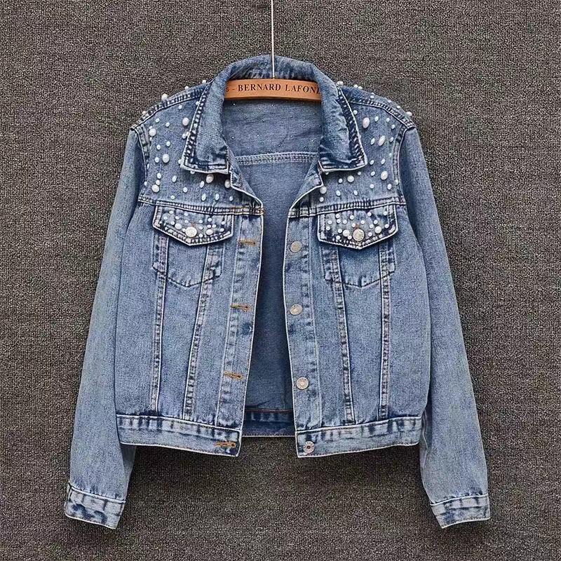 Plus Size Beaded Denim Jacket - Korean Style, Spring/Autumn Fashion for Women