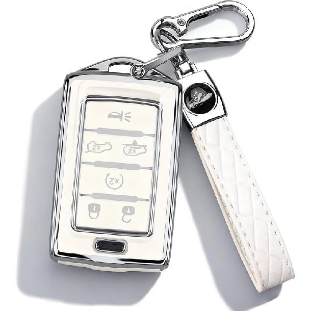 QBUC For Jeep 6 Buttons Key Fob Cover, Key Fob Case With Keychain For Jeep -2024 Cherokee Grand Cherokee Wagoneer Grand Wagoneer Compass Renegade