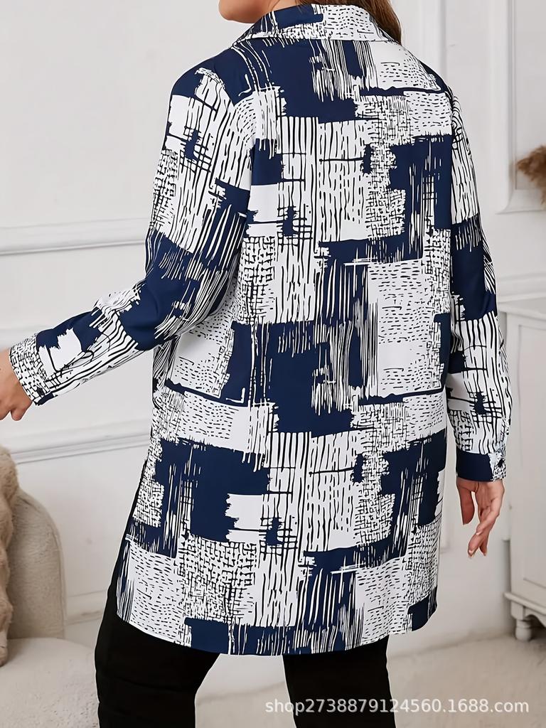 European & American Plus Size Women's Irregular Print Long Sleeve Shirt - 2026 Spring/Summer Fashion Collection