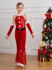 Girl Jazz Latin Cheerleading Dancewear Christmas Costume New Year Holiday Party Performance Suit Sequins Jumpsuit with Arm Sleeve