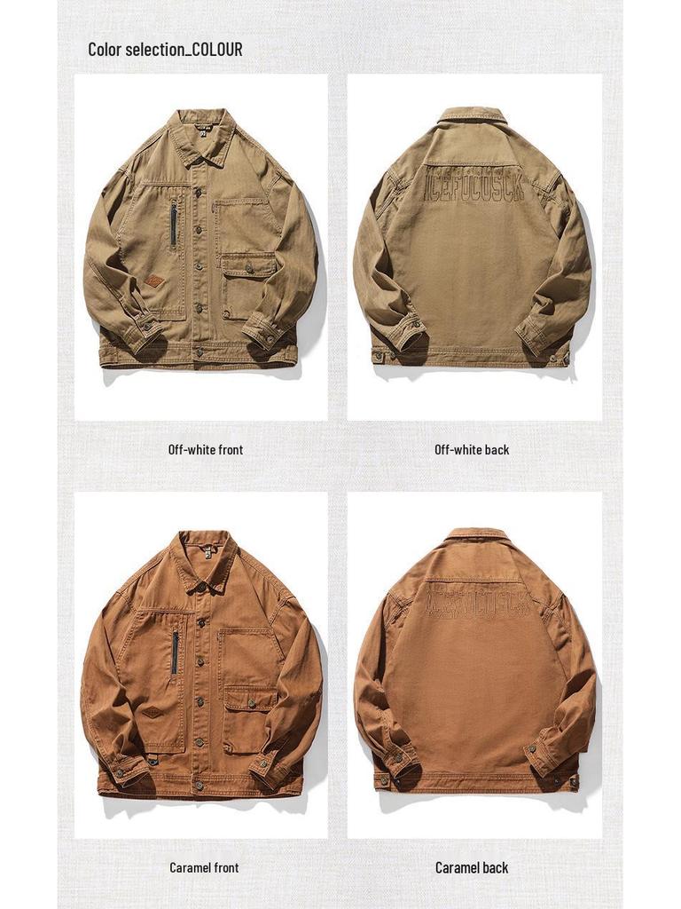Men's Autumn Loose Fit Cotton Workwear Jacket - Trendy, Multi-Pocket, Plus Size, Casual Lapel Top