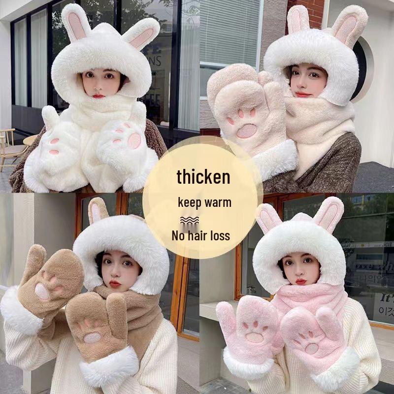 Women's Fleece-Lined Winter Hat & Scarf Three-Piece Set with Gloves and Hooded Rabbit Ears
