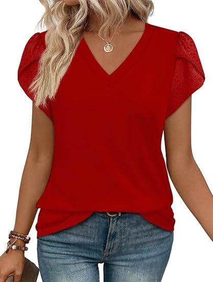 Women's lace T-shirt spring and summer European and American women's clothing new bubble sleeve lace V-neck pullover top women