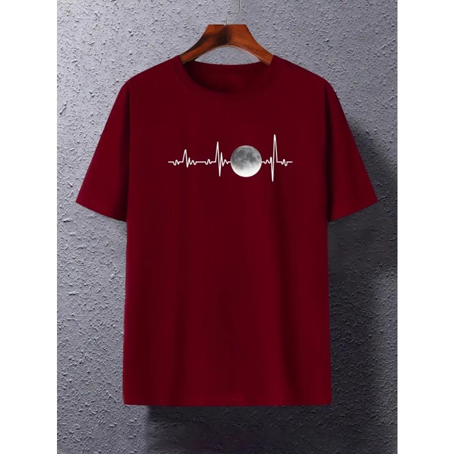 

Мужская хлопковая футболка с принтом ЭКГ и Луны - Повседневная, дышащая футболка с круглым вырезом для повседневной одежды 3XL вино красного