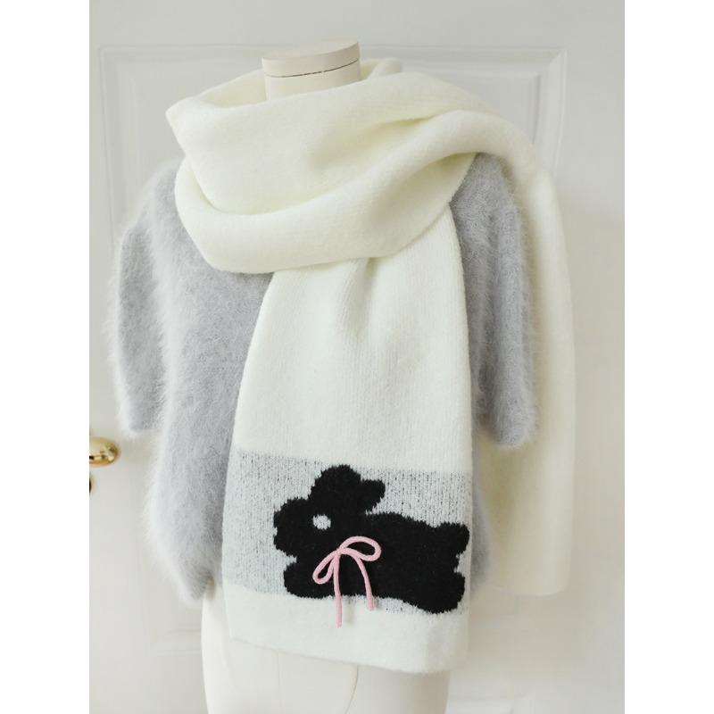 Sweet Cool Rabbit Handmade Bow Winter Warm Scarf Women's Knitted Wool Imitation Cashmere Scarf Solid Color Cartoon Korean
