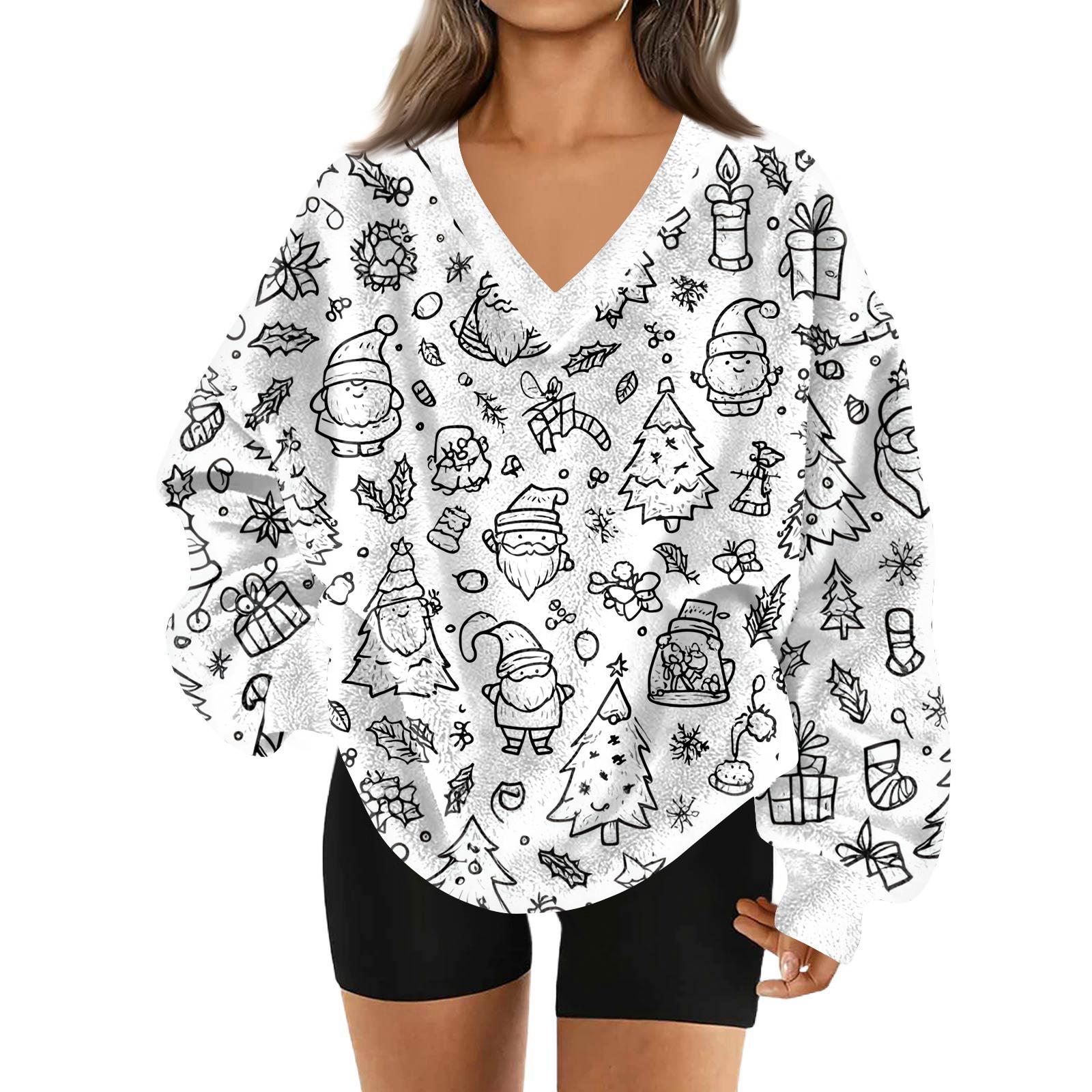 

Женская модная повседневная толстовка с длинным рукавом и V-образным вырезом с рождественским принтом XL