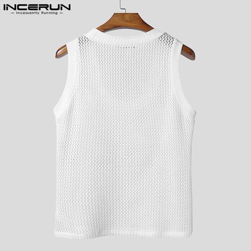 INCERUN Męskie Letnie Top Sportowy Bez Rękawów Z Szydełkowym Wzorem I Wycięciami, Dekolt Okrągły