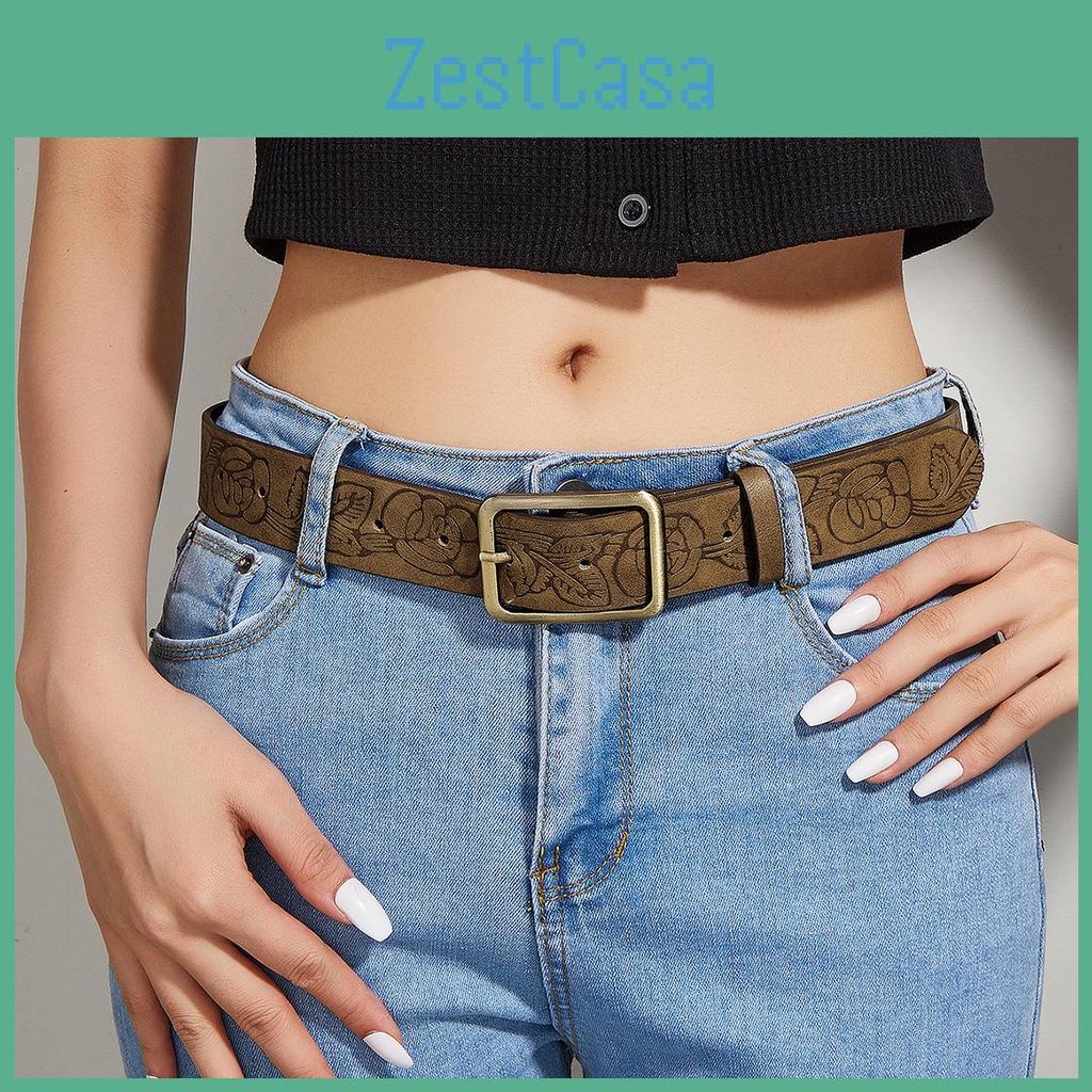 Trendy Retro Floral Embossed Faux Leather Belt With Antique Brass Clasp