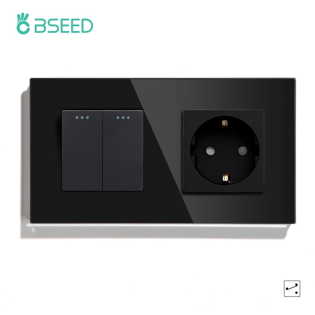 BSEED 1/2/3Gang Mechanical Light Switches 2way For Stairs Corridors with EU Power Sockets USB Type-c Ports Glass Panel Black