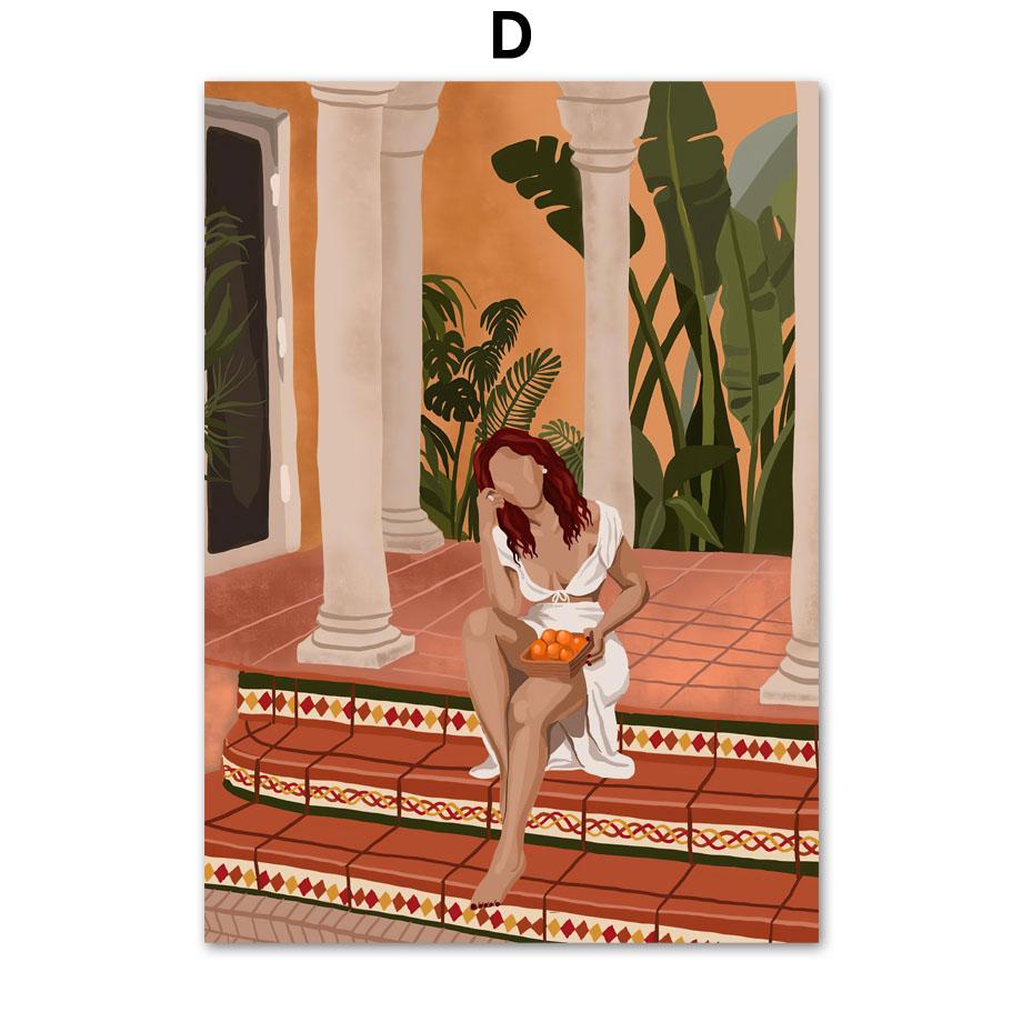 Abstrakcyjna moda dziewczyna czytająca joga odpoczynek liść palmowy plakat skandynawski ścienny drukowany obraz na płótnie malarstwo dekoracyjne zdjęcia do salonu