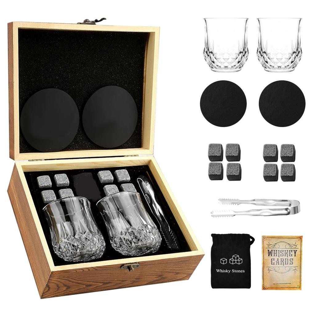 Manufacturer's Bestseller Premium Bar Accessories Whiskey Glass Set 2 Glasses 8 Stone Wooden Box Granite Ice Stone for Various