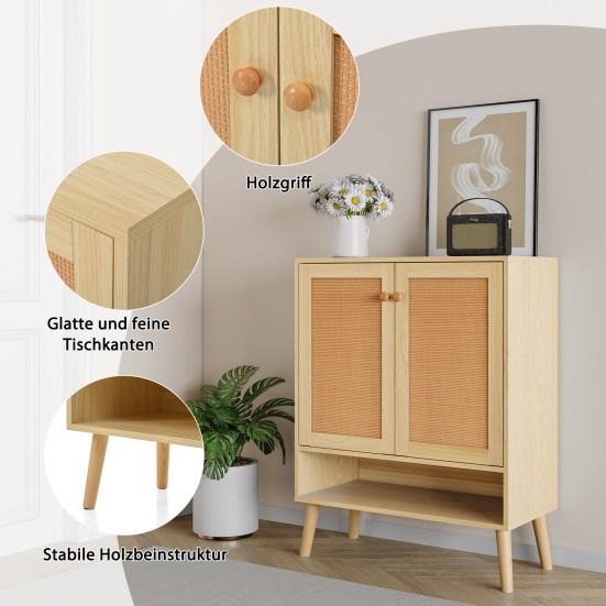 Shoe Cabinet with 2 Rattan Doors and 5 Shelves, Hallway Shoe Cabinet with Wood Handles and Solid Wood Legs