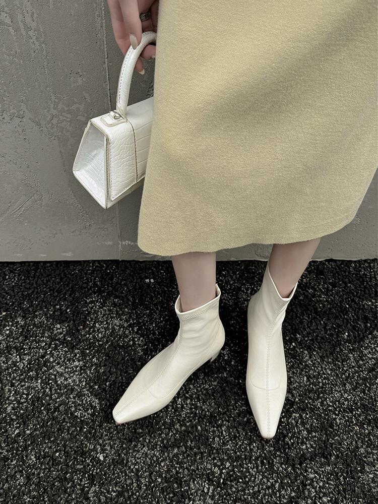 

2025 new autumn elastic thin boots thick heel thin short boots versatile women s leather boots square head medium heel boots 39 білий