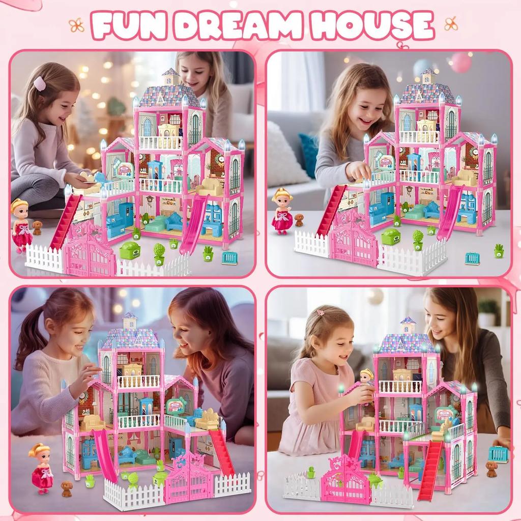 Casa de Bonecas Luminosa Dreamhouse para Meninas Conjunto de Casa de Brincar de Princesa com Bonecas Móveis Acessórios Brincadeira de Faz de Conta Presentes de Aniversário