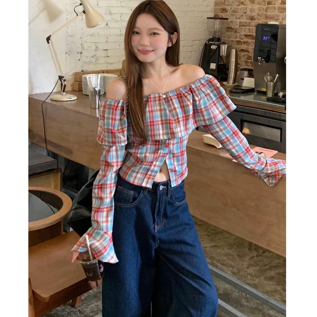 Plus Size Retro Plaid Flared One-Shoulder Top with Long Sleeves