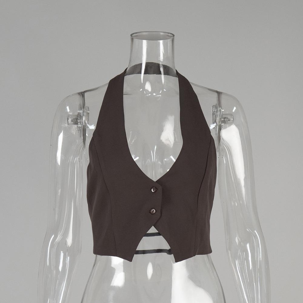 Gilet court pour femme à col bénitier sans manches ajusté sexy couleur unie bouton devant débardeur