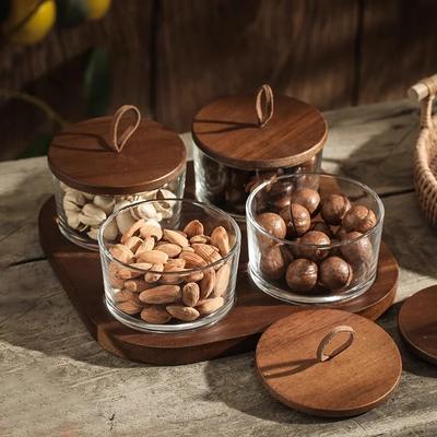 Dried Fruit Plate Living Room Glass Snack Dish Japanese Style Nut Box with Lid Kitchen Seasoning Glass Bowl with Wooden Tray