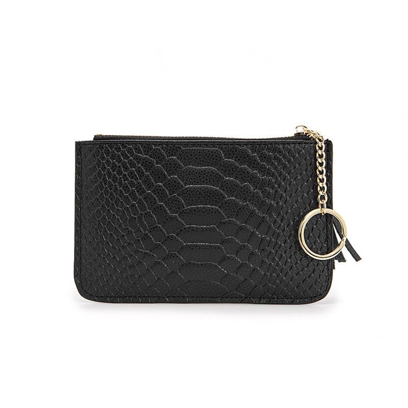 Women First Layer Cowhide Leather Short Coin Purse with Zipper and Ring Key - Mini Thin and Snake