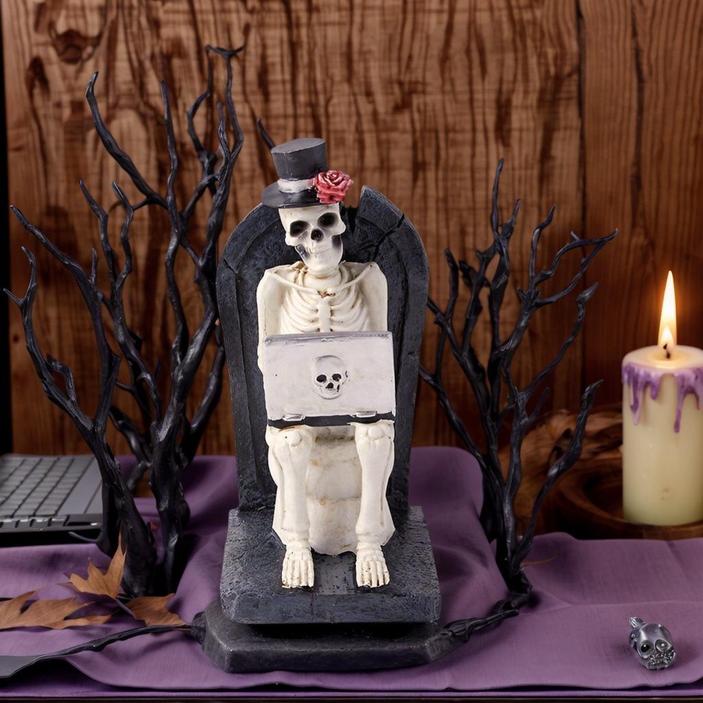 Halloween Scary Skeleton Watching Computer Statue Decor Ghost Festival Ornament