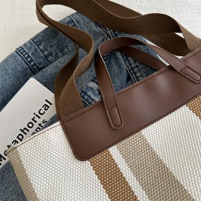 Striped Canvas Bag Women's Large Capacity 2025 New Fashion Portable Shoulder Bag Student Class Commuting Tote Bag