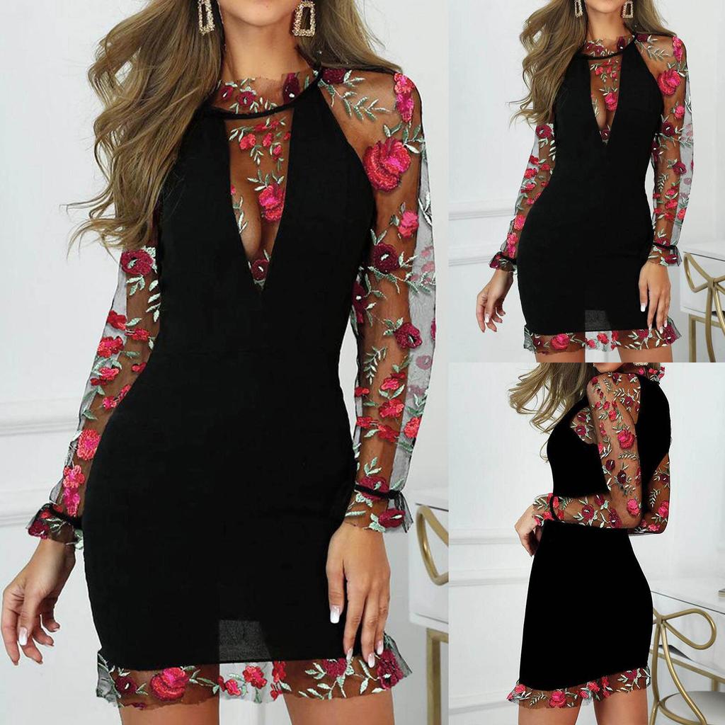 Fashion Women's Hot Stamping Dress Long Sleeve V-Neck Sexy Knee Dress