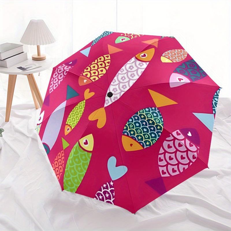 1pc Fishes Patterns Automatic Open/close Folding Compact Umbrella, 8-Rib Sturdy Canopy, Lightweight Portable, Everyday Use, Gift,045
